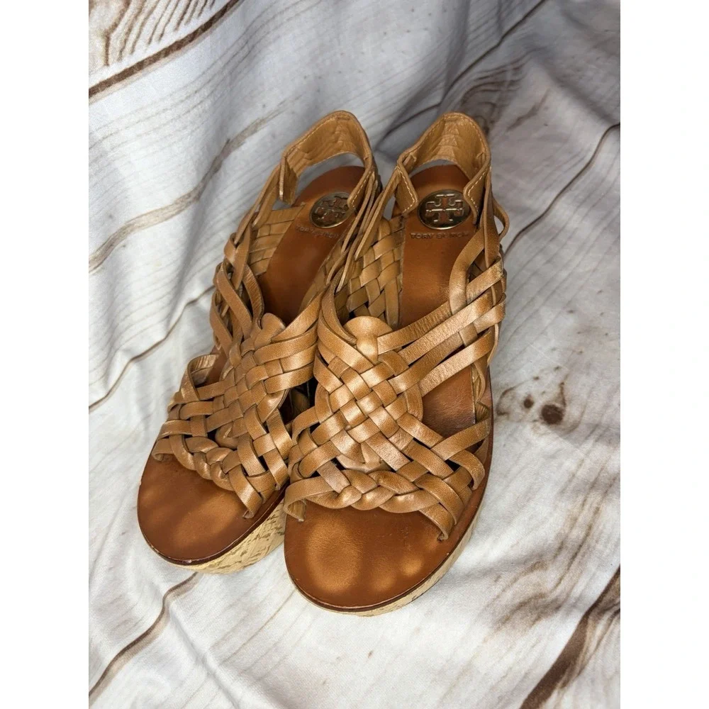 Tory Burch Tan Woven Leather Cork Platform Wedge Sandals Huarache Size 8.5M